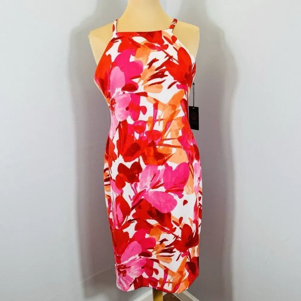 Vince Camuto Sz 12 Womens Tropical Floral Halter Midi Dress Stretch Bodycon NWT